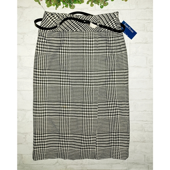 Evan Picone Houndstooth Slit Front Belted Skirt - Blk/Ivory - Picture 2 of 16